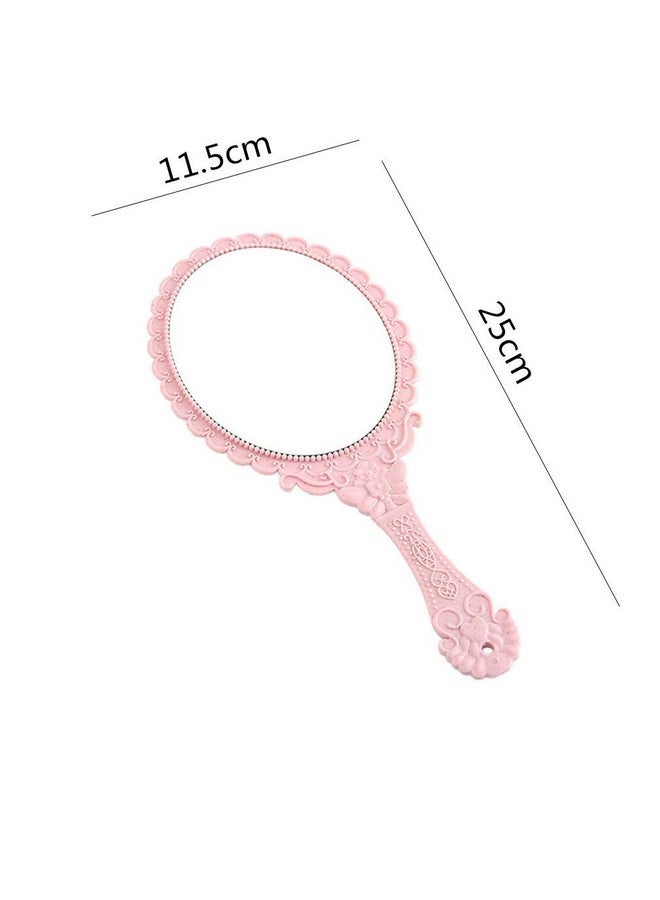 Handheld Mirror Vintage Pattern Handle Makeup Mirror Hand Held Travel Mirror Personal Cosmetic Mirror With Powder Puff (Pink)