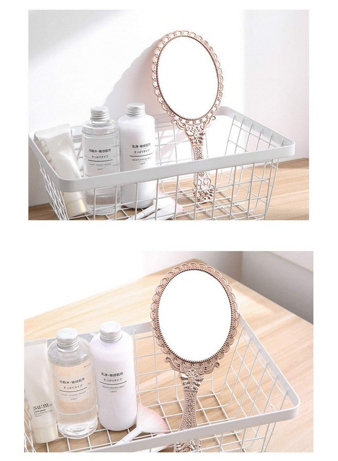 Handheld Mirror Vintage Pattern Handle Makeup Mirror Hand Held Travel Mirror Personal Cosmetic Mirror With Powder Puff (Pink)