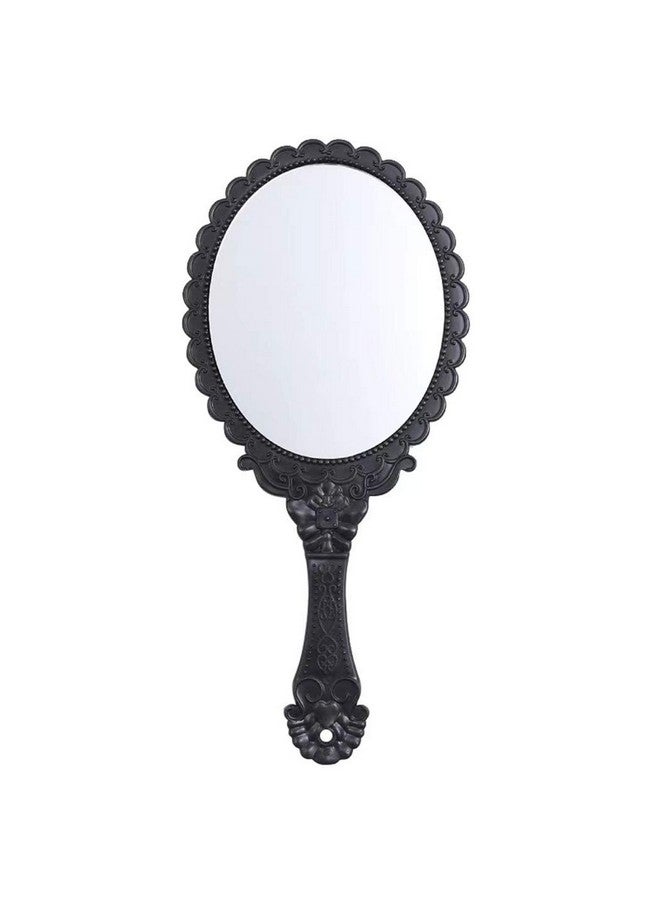 Handheld Mirror Vintage Pattern Handle Makeup Mirror Hand Held Travel Mirrors Personal Cosmetic Mirror With Powder Puff (Black)