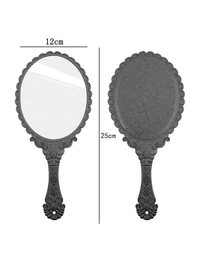 Handheld Mirror Vintage Pattern Handle Makeup Mirror Hand Held Travel Mirrors Personal Cosmetic Mirror With Powder Puff (Black)