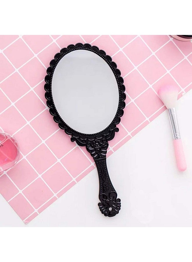 Handheld Mirror Vintage Pattern Handle Makeup Mirror Hand Held Travel Mirrors Personal Cosmetic Mirror With Powder Puff (Black)