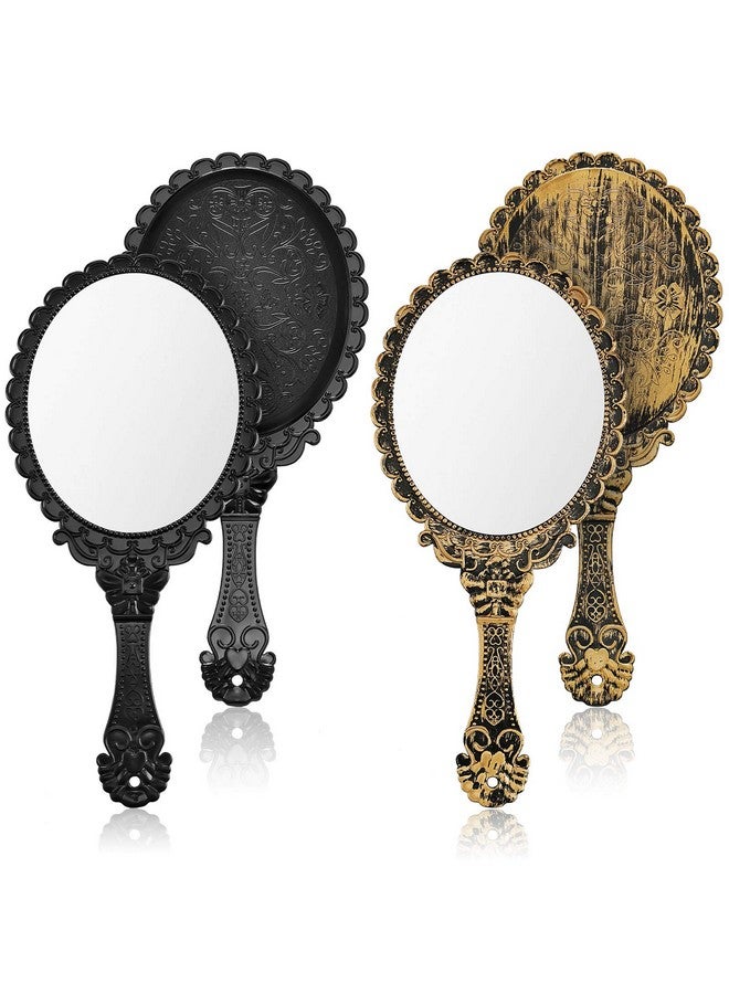 2 Pieces Vintage Handheld Mirror Portable Embossed Flower Mirror Hand Held Decorative Mirrors Compact Mirror With Handle For Face Makeup Travel Personal Cosmetic Salon Mirror (Black Bronze)