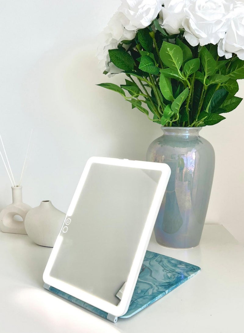 Stylish and Sleek Glow Up Teal Marble Mirror with Illuminating LED Technology and USB Port 27x19x2 cm