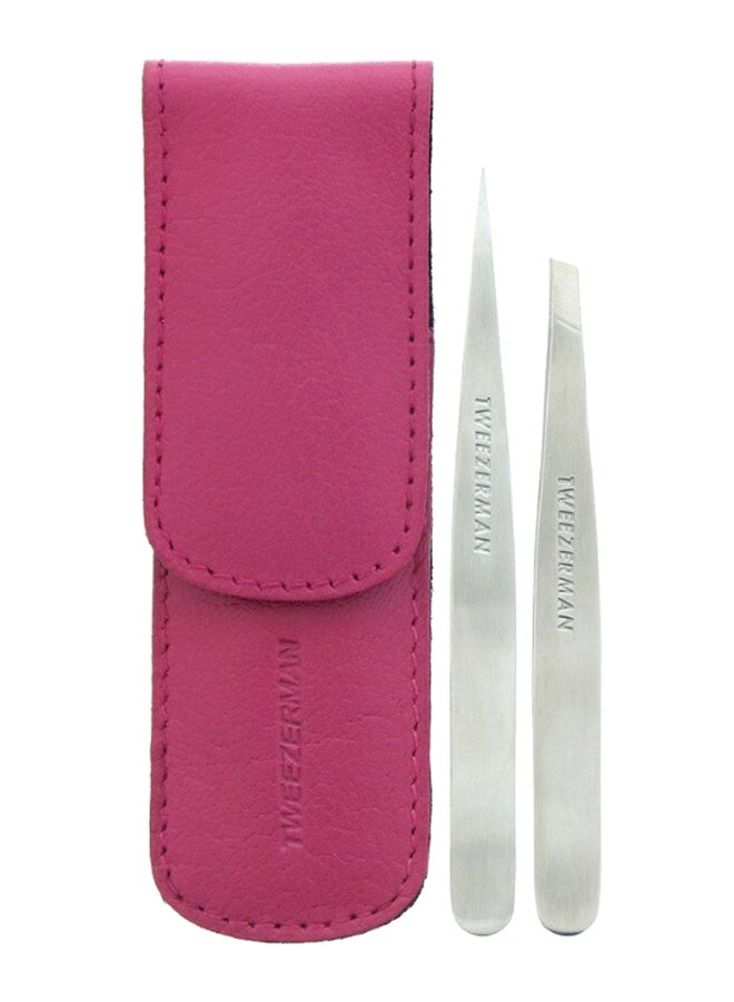 2-Piece Petite Tweezer Set With Case Silver/Pink