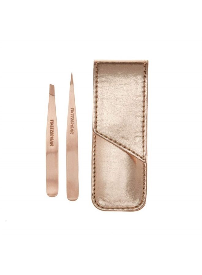 Rose Gold Petite Point and Slant Tweezer Set with Travel Case