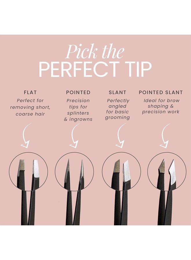 Tweezer Guru Eyebrow Tweezer Set (4-Piece) for Women & Men - Professional Slant and Pointed Tweezers Set with Case - Precision Tweezers Kit for Facial Hair, Splinter and Ingrown Hair Removal