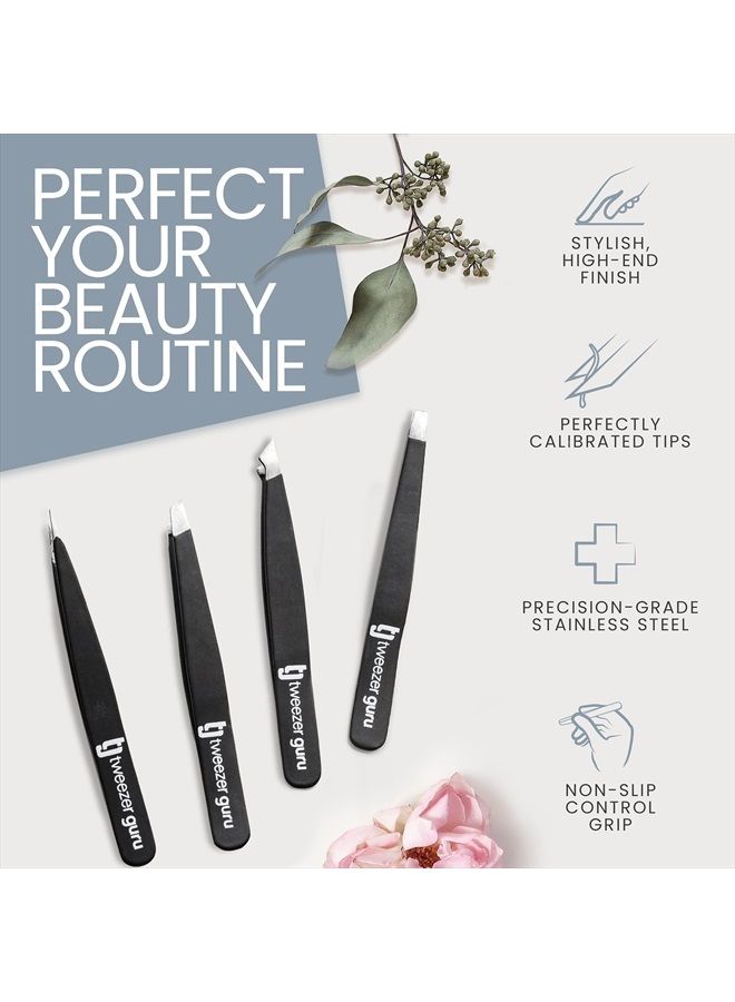 Tweezer Guru Eyebrow Tweezer Set (4-Piece) for Women & Men - Professional Slant and Pointed Tweezers Set with Case - Precision Tweezers Kit for Facial Hair, Splinter and Ingrown Hair Removal