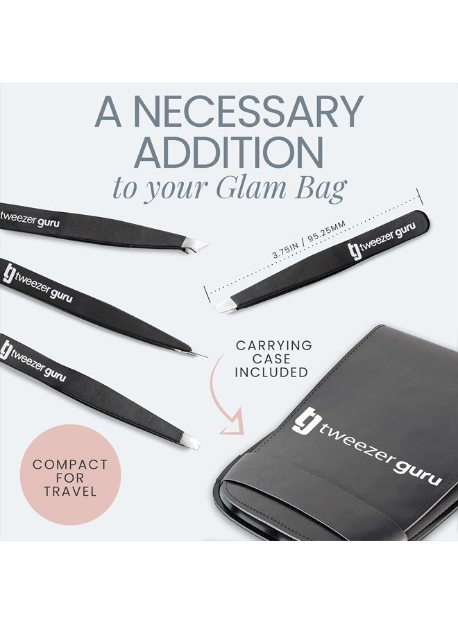 Tweezer Guru Eyebrow Tweezer Set (4-Piece) for Women & Men - Professional Slant and Pointed Tweezers Set with Case - Precision Tweezers Kit for Facial Hair, Splinter and Ingrown Hair Removal