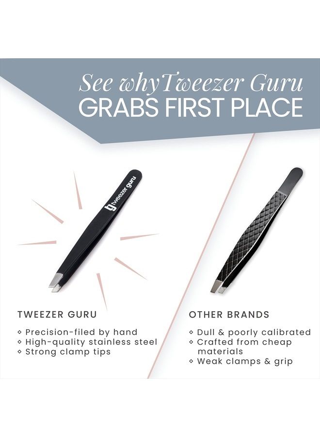 Tweezer Guru Eyebrow Tweezer Set (4-Piece) for Women & Men - Professional Slant and Pointed Tweezers Set with Case - Precision Tweezers Kit for Facial Hair, Splinter and Ingrown Hair Removal