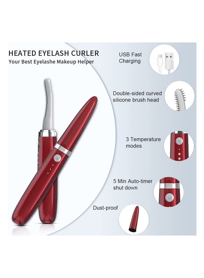 Heated Eyelash Curler Portable Electric Lash Curler Rechargeable USB Silicone Comb Eyelash Curler Quick Natural Curling 24h Long-Lasting Curling Electric Waterproof Eyelashes Curl Tool 1 Pcs (Red)