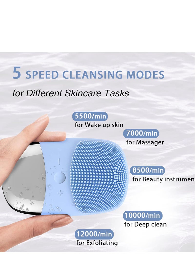 Facial Cleansing Brush, Silicone Face Scrubber, IPX7 Waterproof Blue