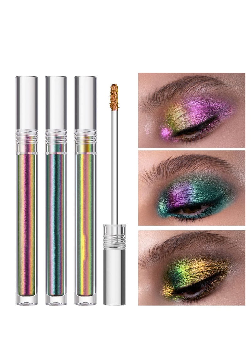 3 Pcs Multicolor Eyeshadow, 3 Color Metallic Liquid Chameleon Eyeshadow Multidimensional Eye Makeup Long Lasting Holographic Glitter Waterproof and Long Lasting Crease-Free Eyeshadow Makeup Gift Set