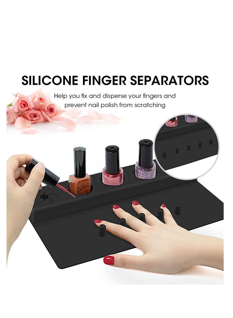 Nail Polish Silicone Holder, Fingernail Painting Tools, 2 in 1 Nail Polish Organizer with Fixed Finger with Anti-Spill Bottle Stand and Finger Separators for Pedicure Manicure, Black