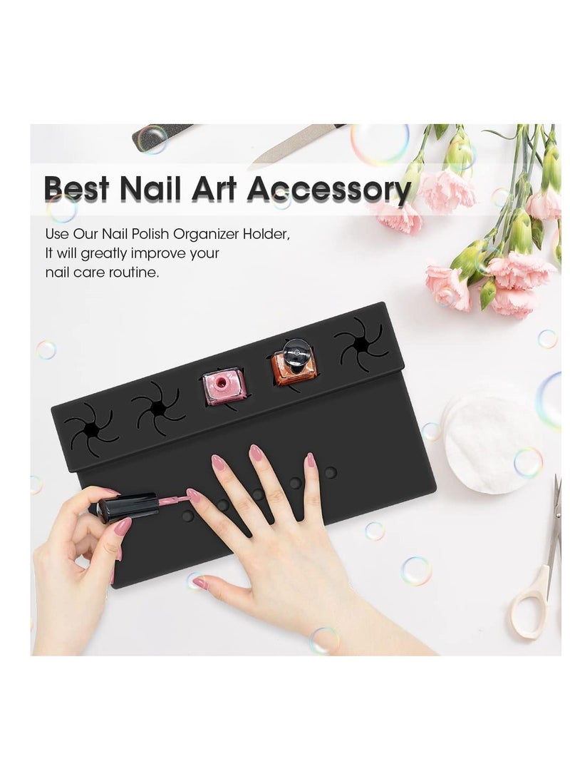 Nail Polish Silicone Holder, Fingernail Painting Tools, 2 in 1 Nail Polish Organizer with Fixed Finger with Anti-Spill Bottle Stand and Finger Separators for Pedicure Manicure, Black