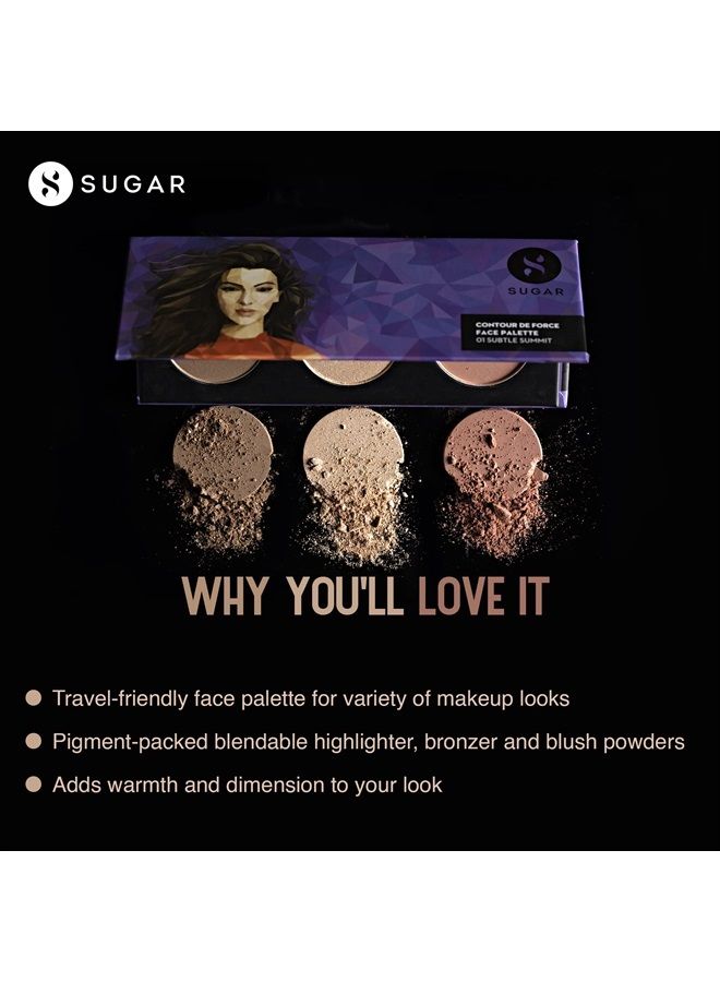 Sugar Cosmetics Contour De Force Face Palette01 Subtle SummitLonglasting formula, Lightweight Blush, Highlighter and Bronzer, Paraben free.