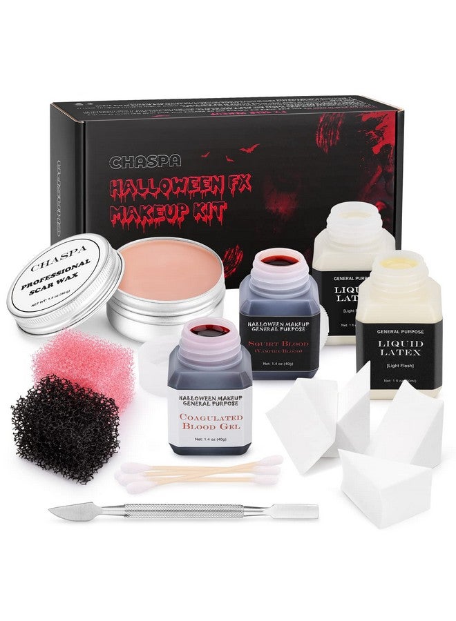 Halloween Liquid Latex Special Effects Sfx Makeup Kit Scar Wax + 2 Btl Liquid Latex + 2 Btl Fake Blood + Spatula Tool + 2Pcs Stipple Sponge + 4Pcs Makeup Sponges + Cotton Swabs