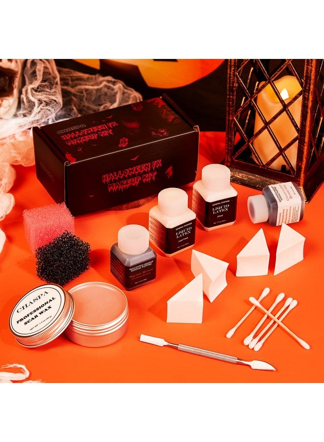 Halloween Liquid Latex Special Effects Sfx Makeup Kit Scar Wax + 2 Btl Liquid Latex + 2 Btl Fake Blood + Spatula Tool + 2Pcs Stipple Sponge + 4Pcs Makeup Sponges + Cotton Swabs