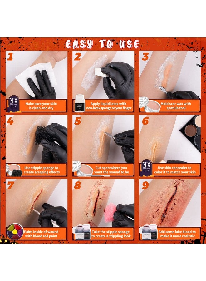 Halloween Liquid Latex Special Effects Sfx Makeup Kit Scar Wax + 2 Btl Liquid Latex + 2 Btl Fake Blood + Spatula Tool + 2Pcs Stipple Sponge + 4Pcs Makeup Sponges + Cotton Swabs