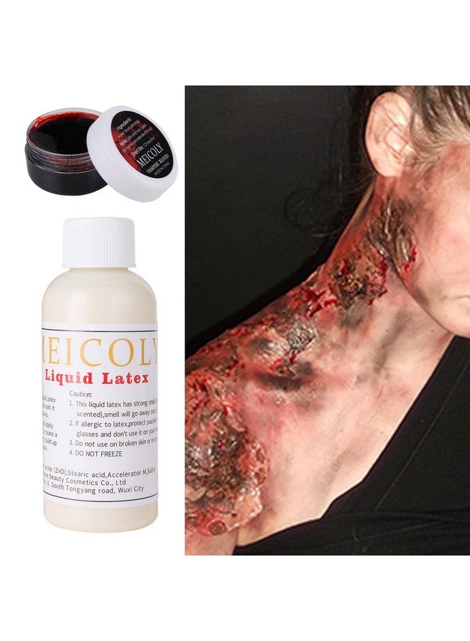 Liquid Latex Face Body Paint 2.1 Oz,Halloween Fake Blood Scar Wound,Subtle Wrinkle Special Effects Makeup Kit,With Coagulated Blood Gel(1.06Oz),Stipple Sponge,100Pcs Cotton Swabs,Light Flesh