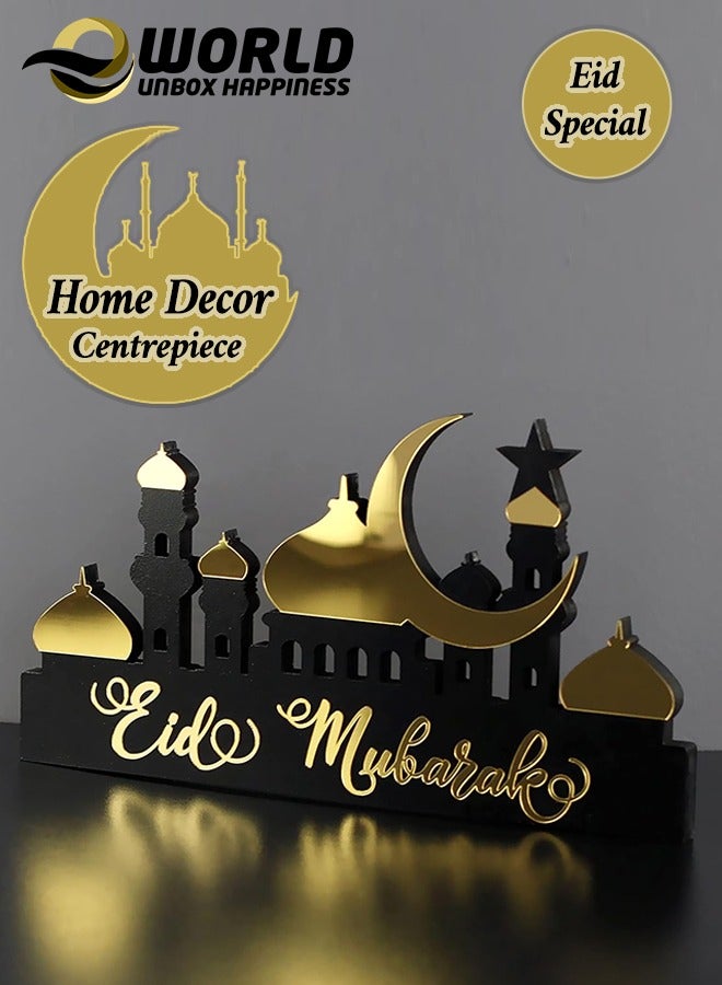 Wooden Acrylic Islamic Tabletop Decor, Elegant Eid Mubarak Decorations Crafted from Thick Eco-Friendly MDF with a Shiny Acrylic Layer for a Stunning Mirror Effect in Gold