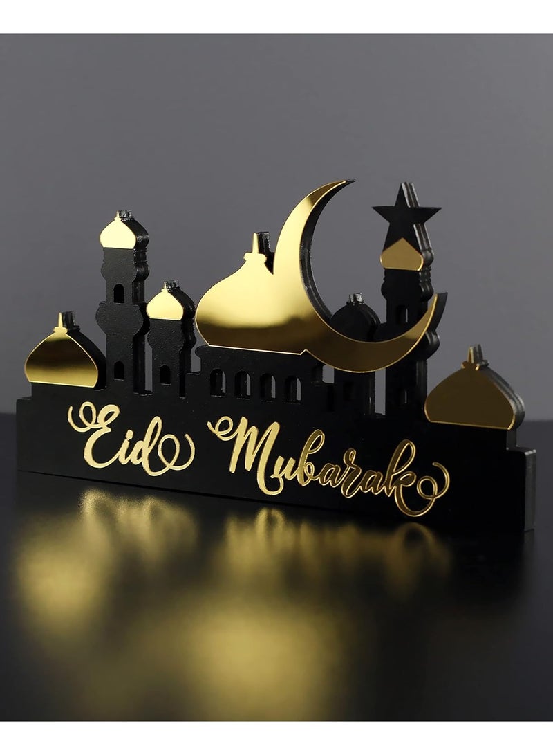 Wooden Acrylic Islamic Tabletop Decor, Elegant Eid Mubarak Decorations Crafted from Thick Eco-Friendly MDF with a Shiny Acrylic Layer for a Stunning Mirror Effect in Gold