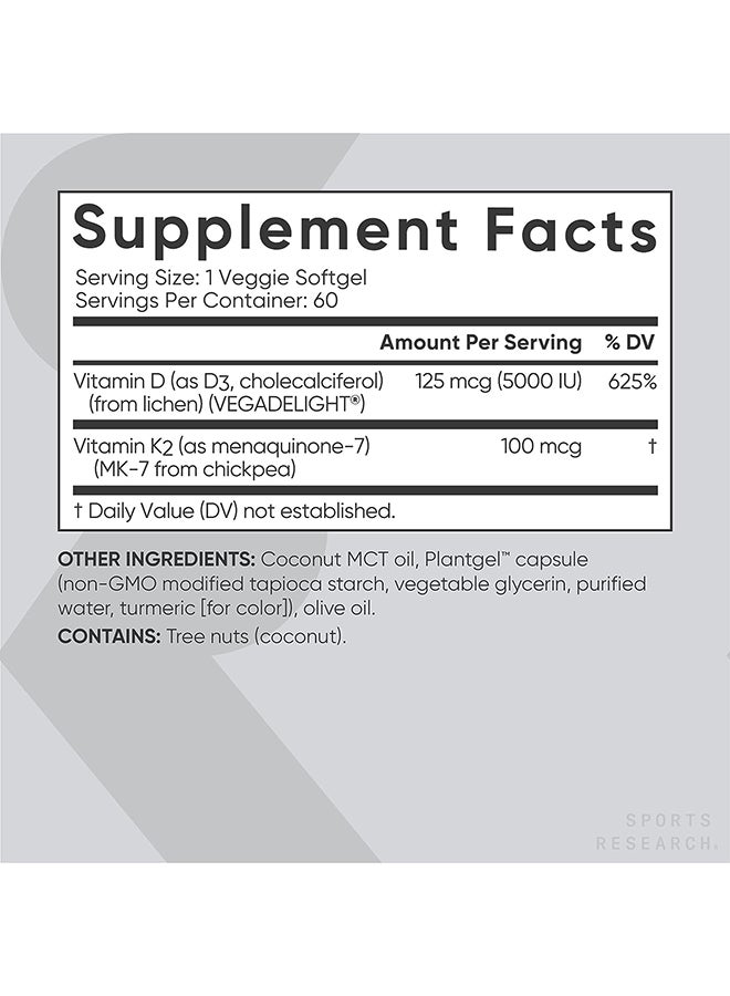 Sports Research K2 + D3 Supports Bone and Immune Health 60 Veggie Softgel