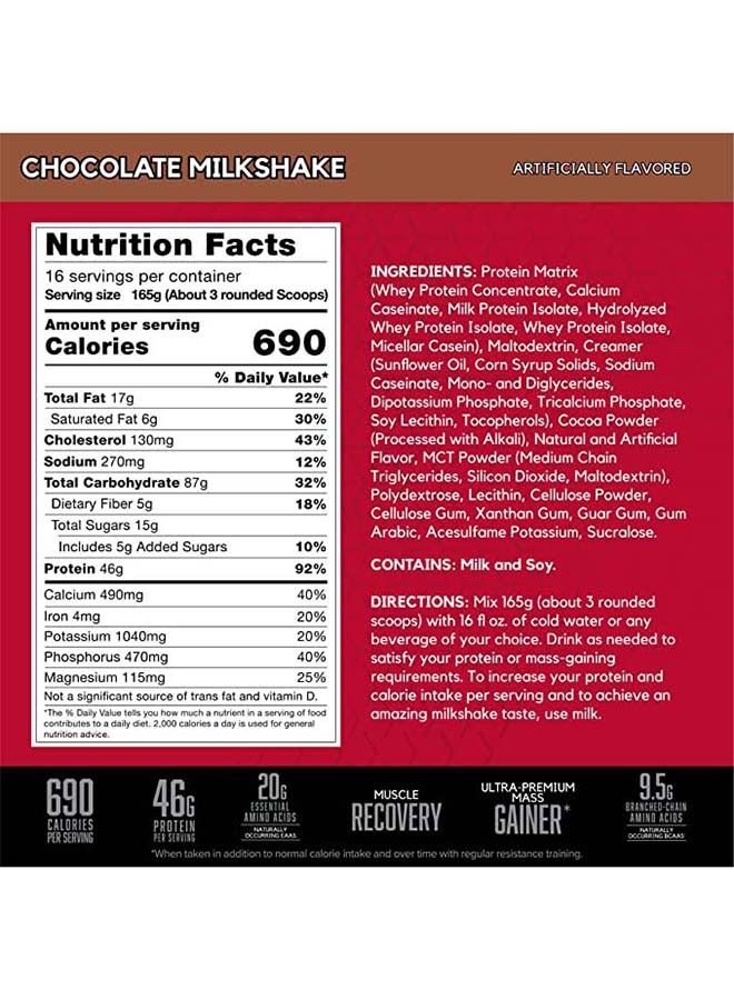 TRUE-MASS Weight Gainer, Muscle Mass Gainer Protein Powder, Chocolate Milkshake, 5.82 Lbs, 16 Servings (2.64 KG)