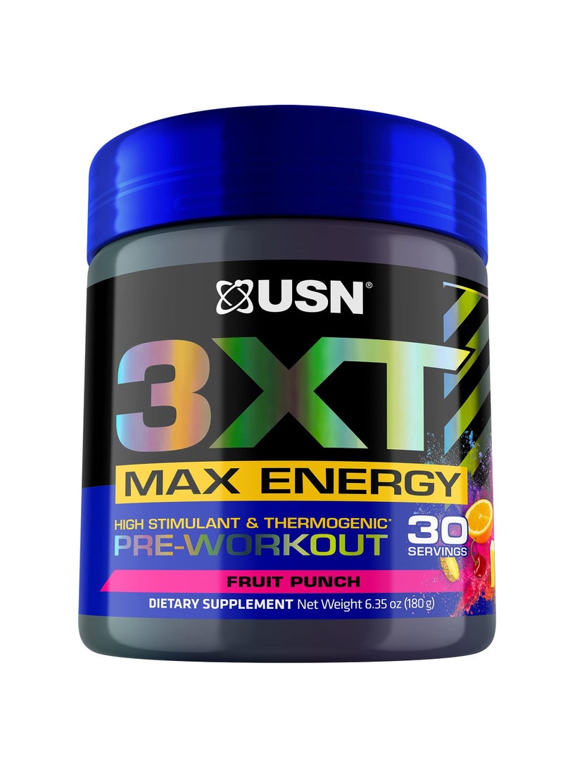 3XT Max Energy, High Stimulant And Thermogenic Pre-Workout, Fruit Punch Flavour, 30Servings