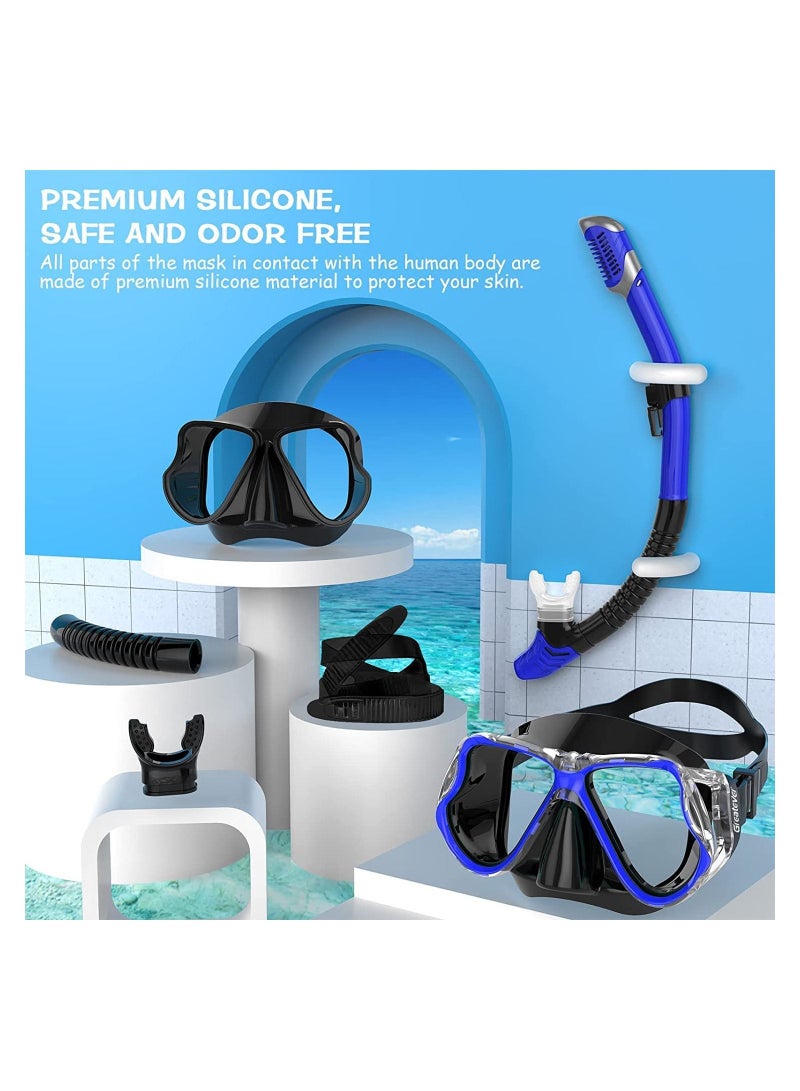 Dry Snorkel Set - Anti-Fog Scuba Diving Mask, Panoramic Wide View Snorkel Mask, Free Breathing and Easy Adjustable Strap Scuba Mask, Professional Snorkeling Gear for Adults