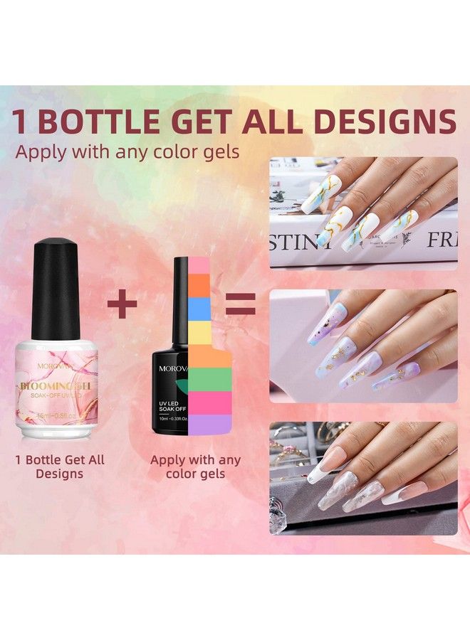 Nail Blooming Gel Kit Soak Off Uv Led Clear Blooming Gel Nail Polish For Spreading Effect Marble Watercolor Gel Polish 15Ml 0.5Floz With Nail Brush