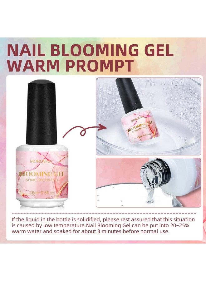 Nail Blooming Gel Kit Soak Off Uv Led Clear Blooming Gel Nail Polish For Spreading Effect Marble Watercolor Gel Polish 15Ml 0.5Floz With Nail Brush