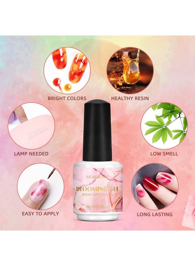 Nail Blooming Gel Kit Soak Off Uv Led Clear Blooming Gel Nail Polish For Spreading Effect Marble Watercolor Gel Polish 15Ml 0.5Floz With Nail Brush