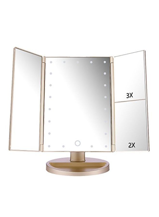 Tri-Fold Lighted Vanity Mirror With 21 Led Lights, Touch Screen And 3X/2X/1X Magnification, Two Power Supply Modes Make Up Mirror,Travel Mirror