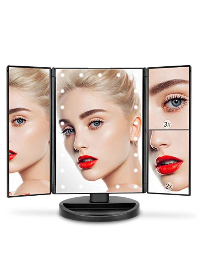 Trifold Lighted Vanity Mirror With 21 Led Lights, Touch Screen And 3X/2X/1X Magnification, Two Power Supply Mode Make Up Mirror,Travel Mirror