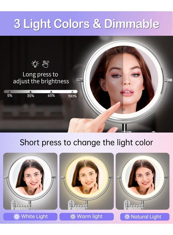 Rechargeable Wall Mounted Lighted Makeup Mirror 1X 10X Magnifying Mirror With 3 Light Settings 8 Inch 360° Swivel Extendable Bathroom Mirror Twosided Telescoping Mesh Vanity Mirror Chrome