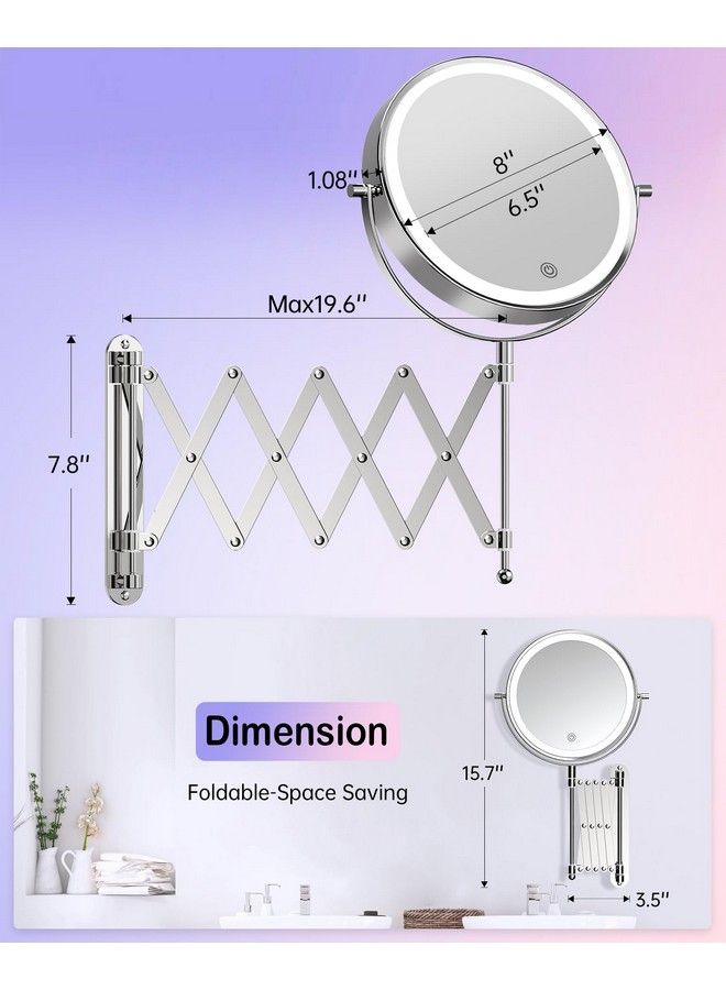 Rechargeable Wall Mounted Lighted Makeup Mirror 1X 10X Magnifying Mirror With 3 Light Settings 8 Inch 360° Swivel Extendable Bathroom Mirror Twosided Telescoping Mesh Vanity Mirror Chrome
