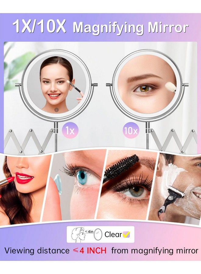 Rechargeable Wall Mounted Lighted Makeup Mirror 1X 10X Magnifying Mirror With 3 Light Settings 8 Inch 360° Swivel Extendable Bathroom Mirror Twosided Telescoping Mesh Vanity Mirror Chrome