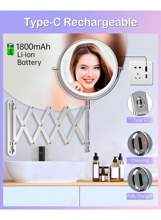 Rechargeable Wall Mounted Lighted Makeup Mirror 1X 10X Magnifying Mirror With 3 Light Settings 8 Inch 360° Swivel Extendable Bathroom Mirror Twosided Telescoping Mesh Vanity Mirror Chrome