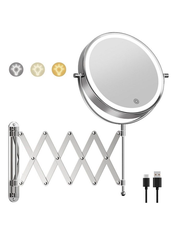 Rechargeable Wall Mounted Lighted Makeup Mirror 1X 10X Magnifying Mirror With 3 Light Settings 8 Inch 360° Swivel Extendable Bathroom Mirror Twosided Telescoping Mesh Vanity Mirror Chrome