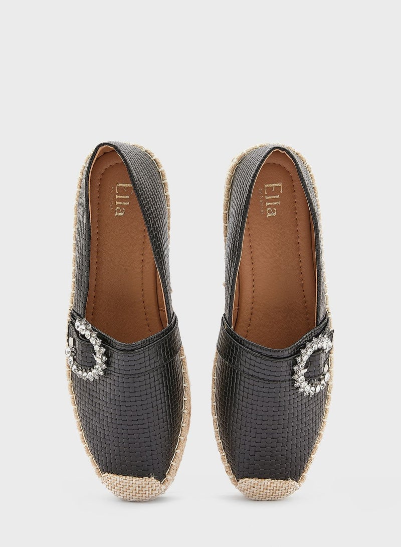 Textured Diamante Buckle Flat Espadrille