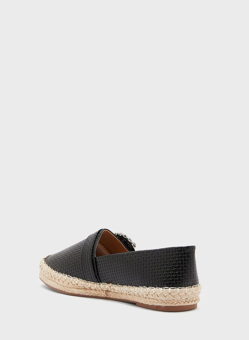 Textured Diamante Buckle Flat Espadrille