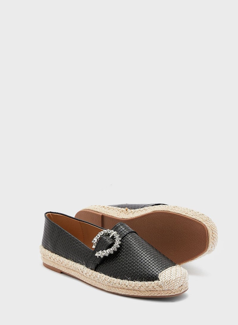 Textured Diamante Buckle Flat Espadrille