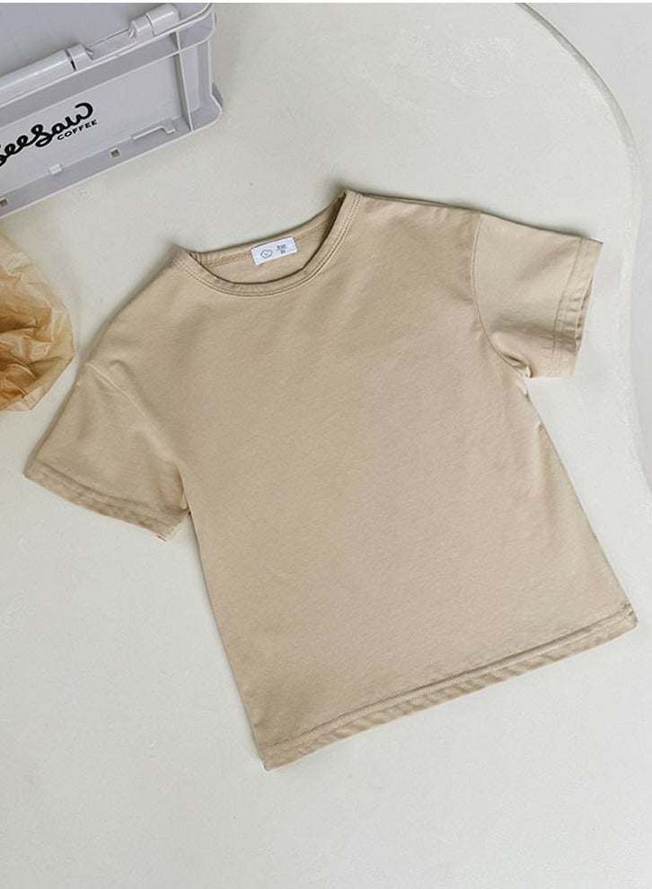 Kid's Solid Color Crew Neck T-Shirt Short Sleeve Tees Beige