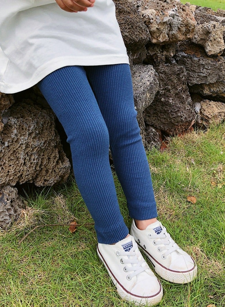 Girls Solid Color Legging Ribbed Knit Footless Tights Kid Basic Stocking  Dress Bottom Top Pants Denim Blue