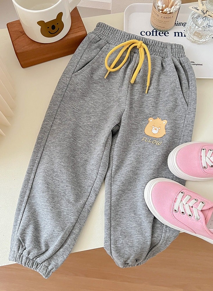 Girls Bear Pattern Print Sweatpants Elastic Waist Sport Pants Athletic Jogger Pants Dark Gray