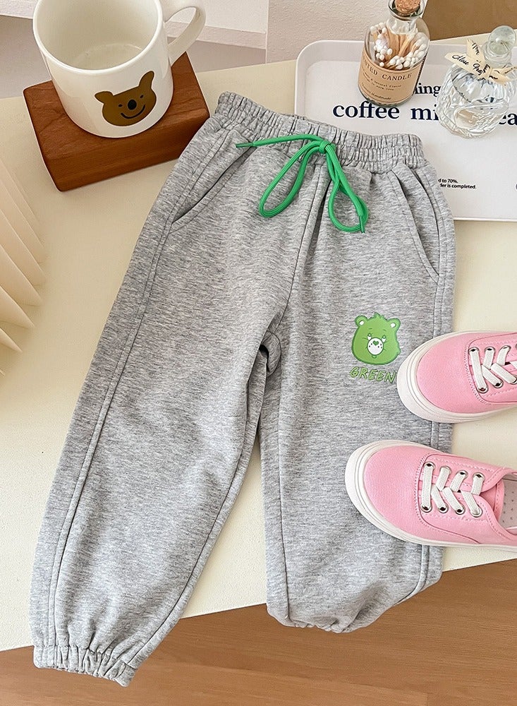 Girls Bear Pattern Print Sweatpants Elastic Waist Sport Pants Athletic Jogger Pants Light Gray