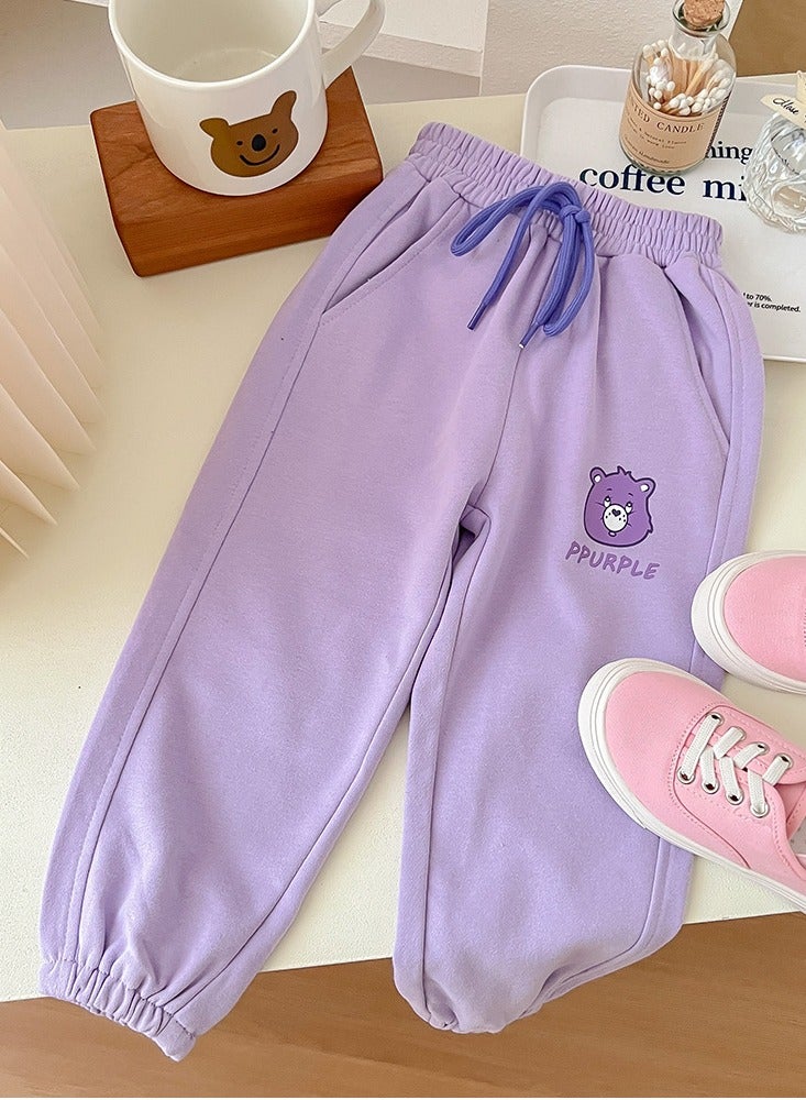 Girls Bear Pattern Print Sweatpants Elastic Waist Sport Pants Athletic Jogger Pants Purple