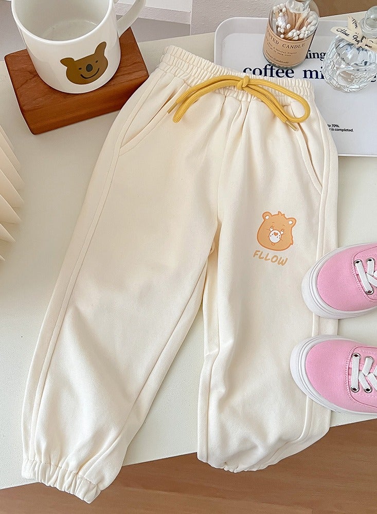 Girls Bear Pattern Print Sweatpants Elastic Waist Sport Pants Athletic Jogger Pants Apricot