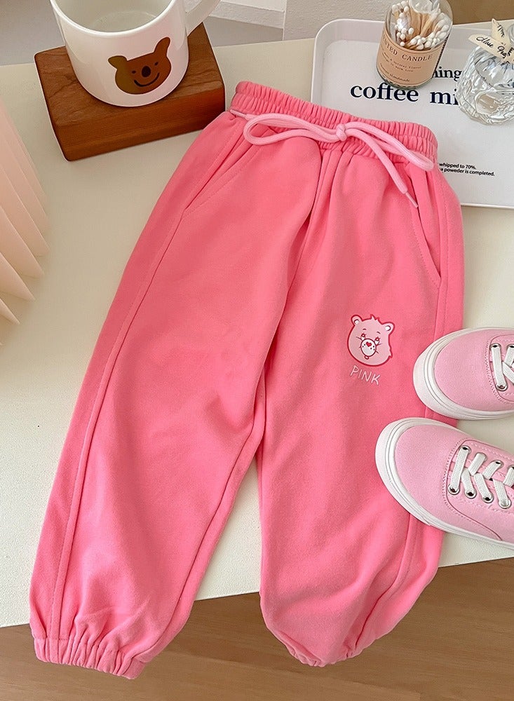 Girls Bear Pattern Print Sweatpants Elastic Waist Sport Pants Athletic Jogger Pants Rose Pink