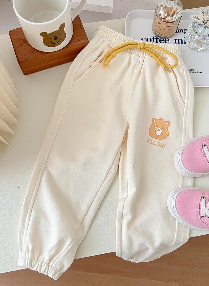 Girls Bear Pattern Print Sweatpants Elastic Waist Sport Pants Athletic Jogger Pants Apricot